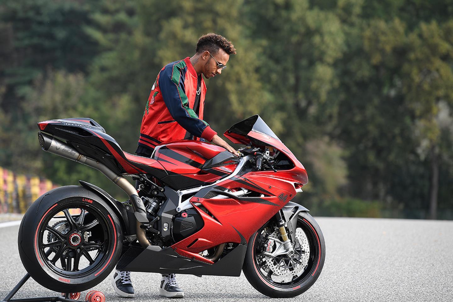 MV Agusta F4 LH44 is a limited edition in collaboration with Lewis Hamilton. The F1 world champion is pictured here with the bike